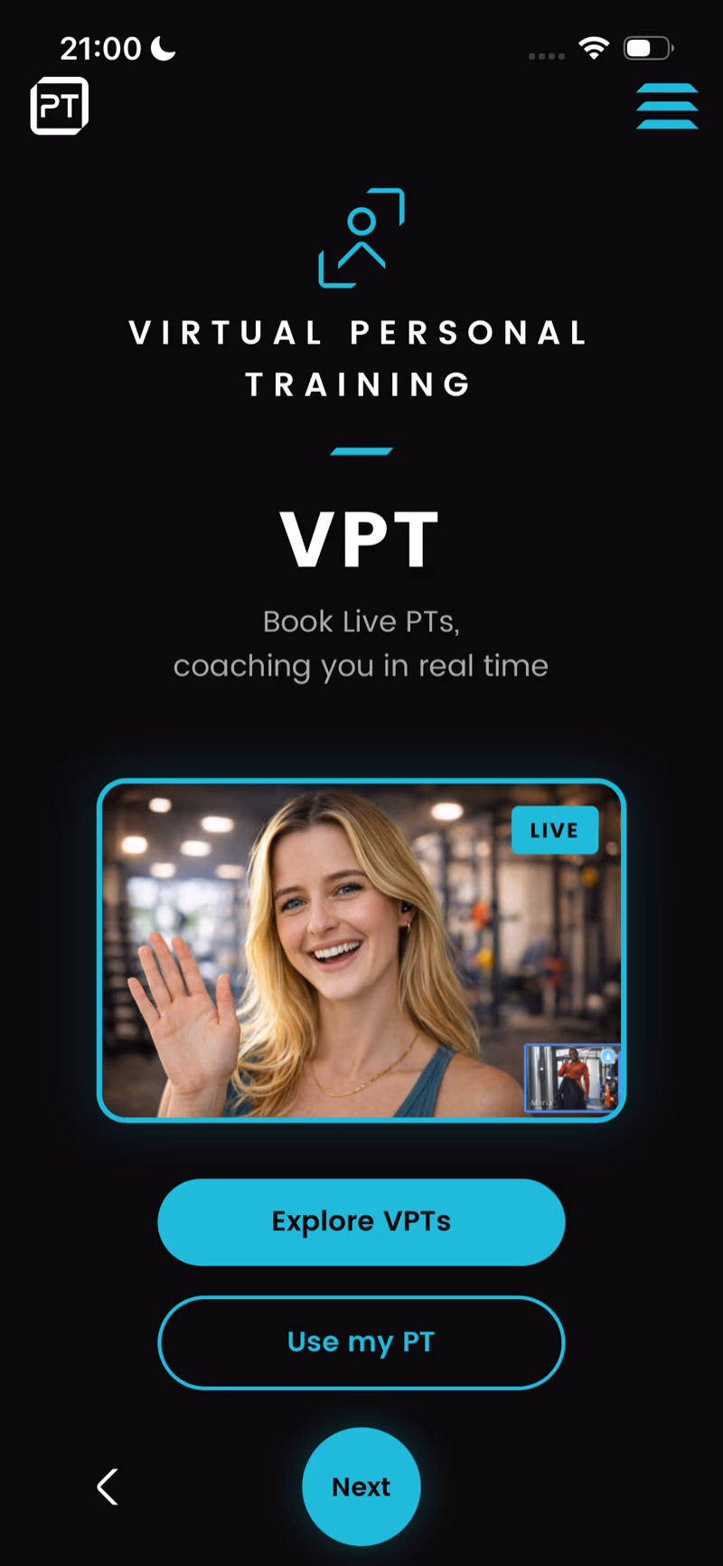 Virtual PT session — live trainer on screen